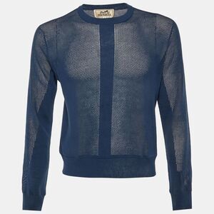 Hermes Dark Blue Mesh Knit Crew Neck Sweater S
